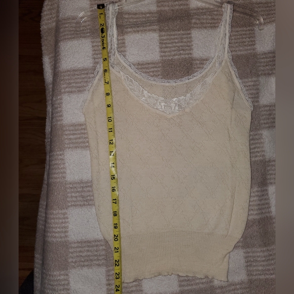 5 for $20 Y2K Style Pastel Yellow Floral Knit Tank Top with Ribbed and Lace Trim - Picture 13 of 16